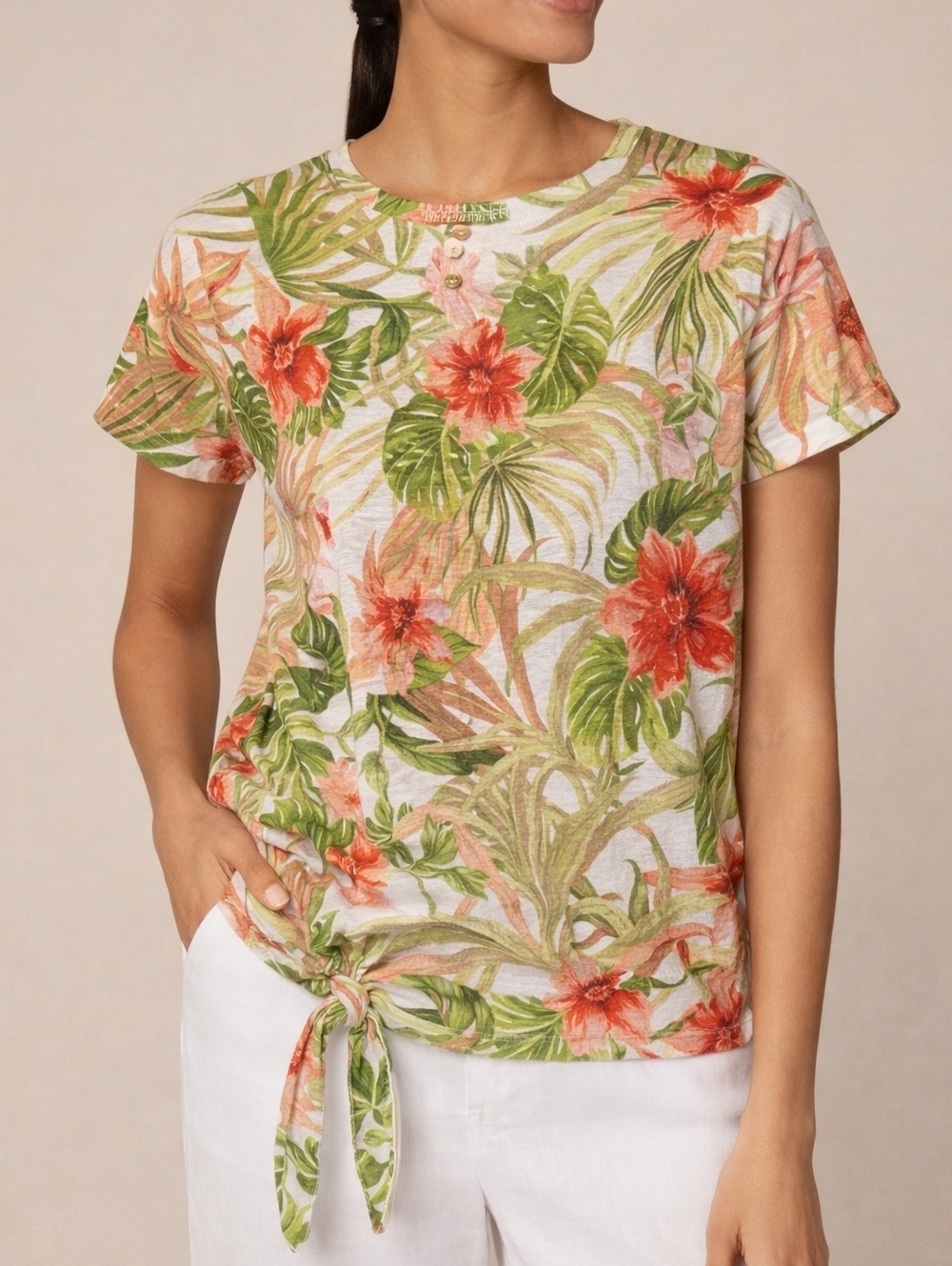 J.Jill Love Linen Large 100% Linen Tropical Floral Tie Front Short Sleeve Shirt